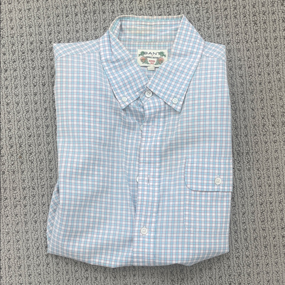 Gant Men's Light Blue and White Plaid Shirt